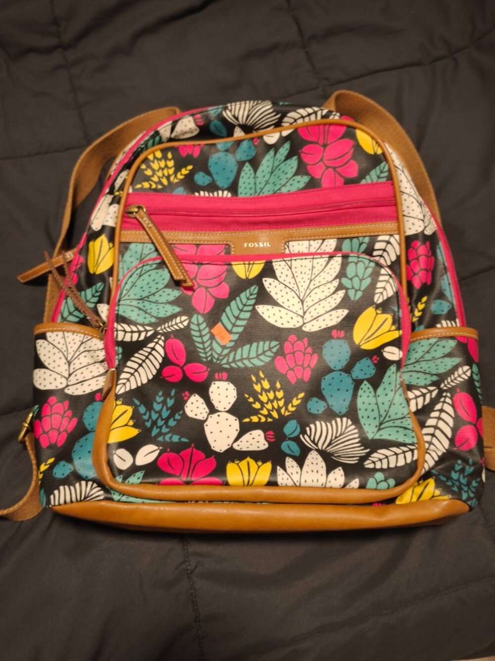 Fossil Floral Cactus Print Backpack Multicolor Brown Leather Trim